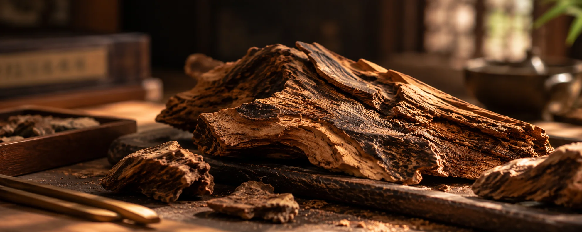 Agarwood-inspired material study showing resin-rich wood textures.