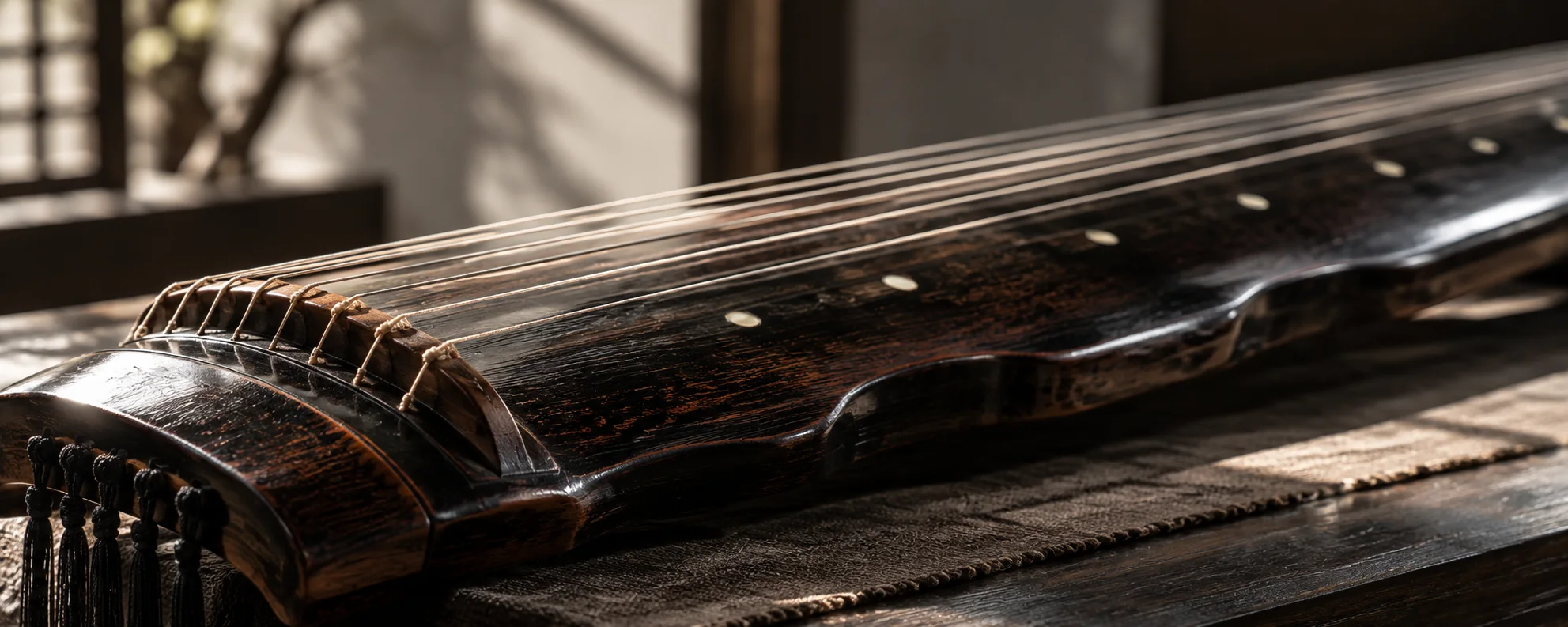 Guqin-inspired instrument detail with strings and a dark lacquered surface.