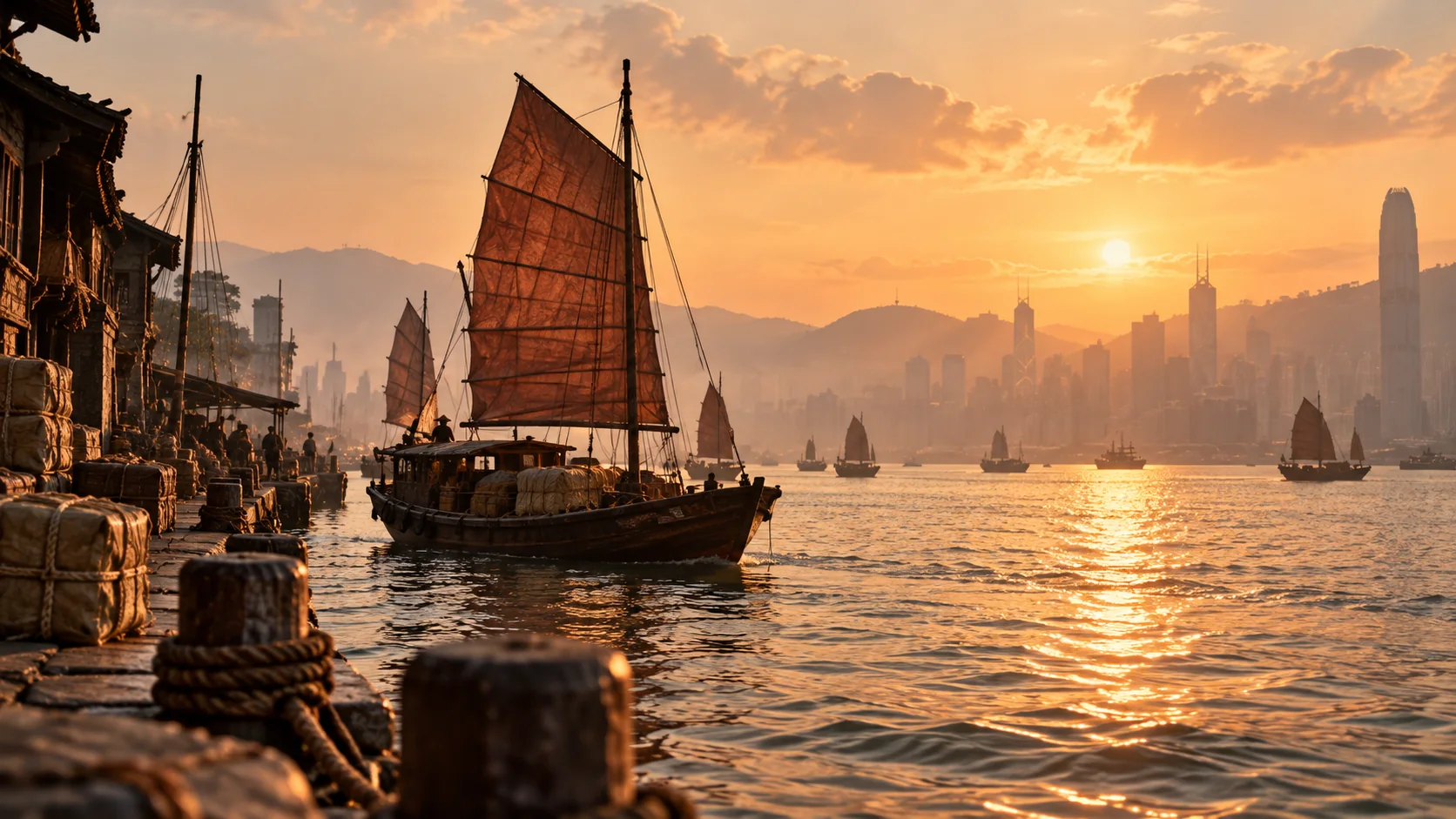 Conceptual harbour scene evoking the maritime routes connecting Dongguan agarwood culture with Hong Kong.